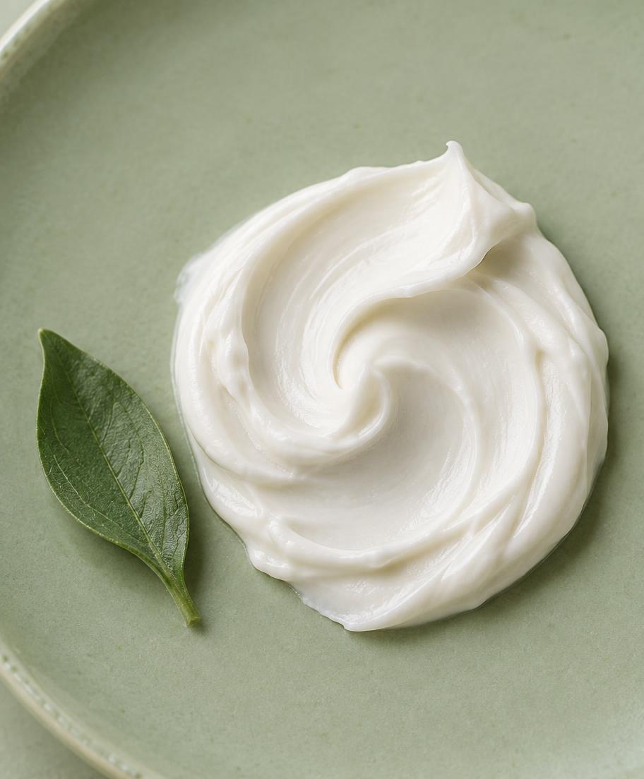 Textura de crema natural junto a una hoja verde